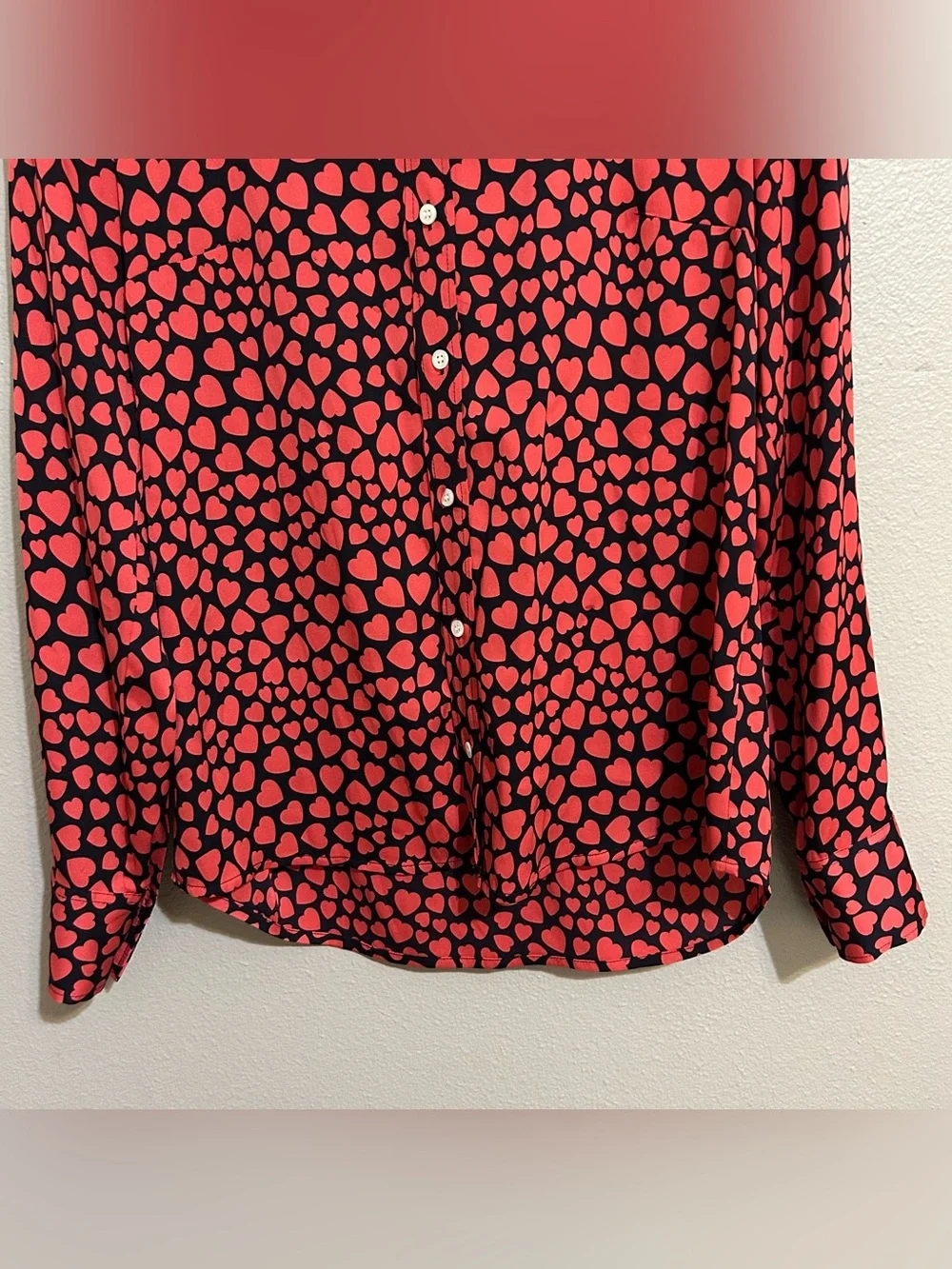 J. Crew Heart Print Silk Blend Long Sleeve Button Down Blouse Women’s Size XS 2